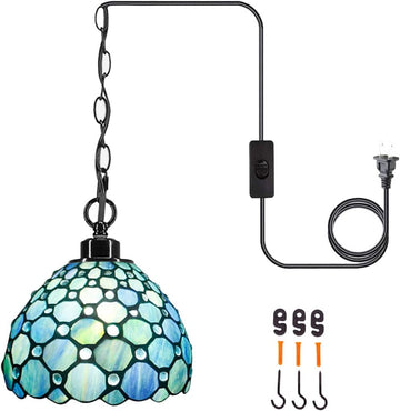 Werfactory® Tiffany Style Plug In Pendant Light Sea Blue Stained Glass Chandelier with 16.4 Ft Hanging Cord in Line On/Off Push Switch